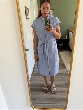 Trovata Light Blue Striped Tie-Waist Midi Shirt Dress